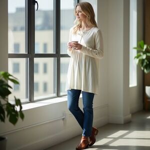 J. Jill Tunic Top Women XS Cream Henley Empire Waist Long Sleeve Peplum Knit